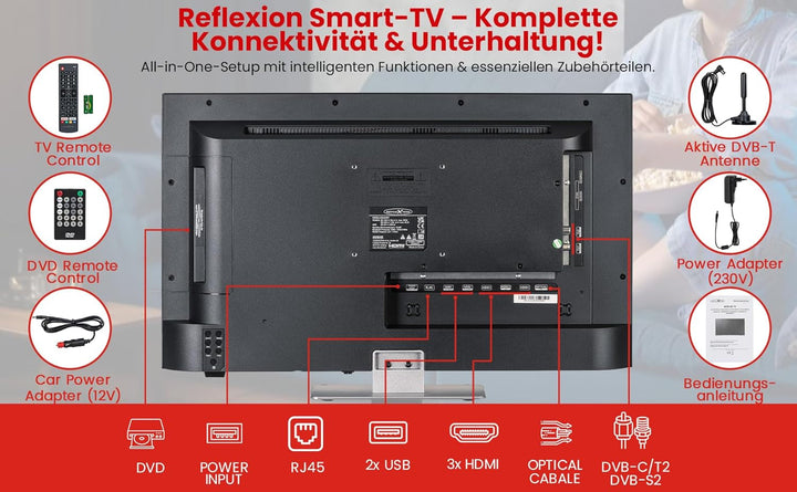 REFLEXION LDDX27IBT Smart LED Fernseher 27 Zoll / 69Cm, LG Weboshub, Wohnwagen/Wohnmobil/Camping/Caravan/Boot/Lkw TV, Slimline, 12/24/230 Volt, Full HD, Triple Tuner, Bluetooth, WLAN, Dvd-Player