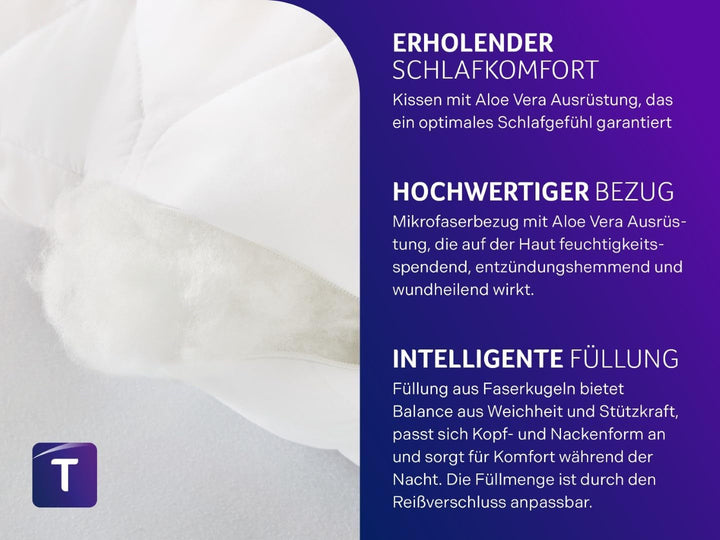 Pernă Traumnacht aloe vera cu husă confortabilă din microfibră moale catifelată, 40X80 cm, certificată Oeko-Tex, produsă în conformitate cu standardul de calitate german