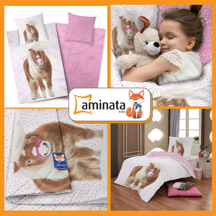 Aminata Kids Bettwäsche Mädchen 135X200 Pferd - Kinder-Bettwäsche Mit Pferde-Motiv Islandpony - Weiß Rosa - Reißverschluss Baumwolle Pony