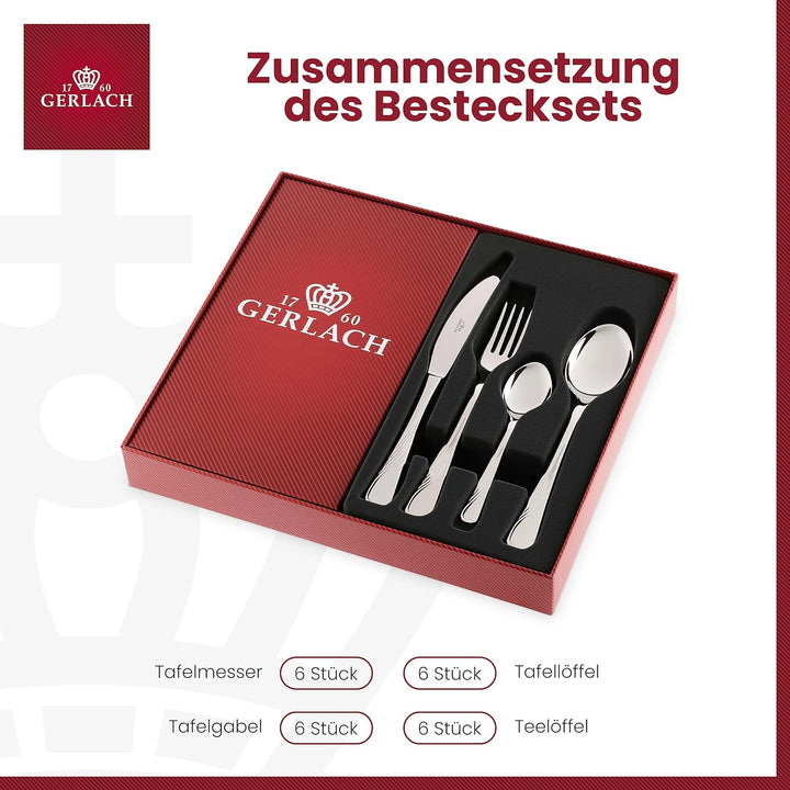Gerlach Celestia Besteck-Set Für 6 Personen Spülmaschinenfest Essbesteck Edelstahl Tafelbesteck Messer Gabel Löffel Teelöffel Kuchengabel Soßenlöffel Kuchenspachtel Gläzend Rostfrei 24 Stk