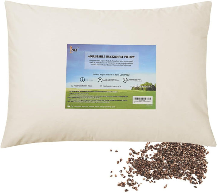 LOFE Pernă organică de hrișcă pentru dormit, 35,6 X 50,8 cm, reglabilă, respirabilă pentru un somn răcoros, suport cervical pentru cei care dorm pe spate și lateral (Tartary Buckwheat Hulls)