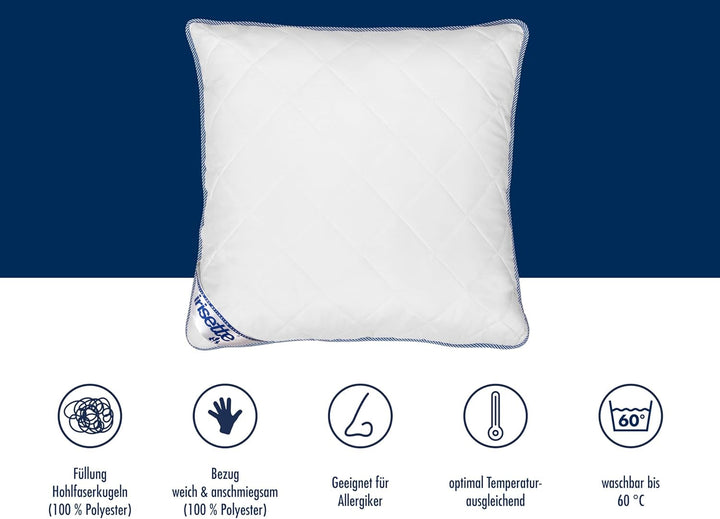 Pernă Irisette Body Contour 80X80 Cm cu husă detașabilă din microfibră moale, lavabilă până la 60°C, alb/albastru, certificată Oeko-Tex, produsă conform standardului de calitate german