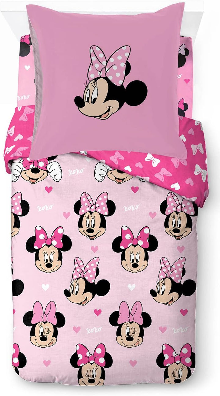 Jay Franco Disney Minnie Hearts & Love 100% Baumwolle Kinderbettwäsche-Set 135X200 Cm Einzelbettgröße - Bettbezug + Kissenbezug 50X70 Cm