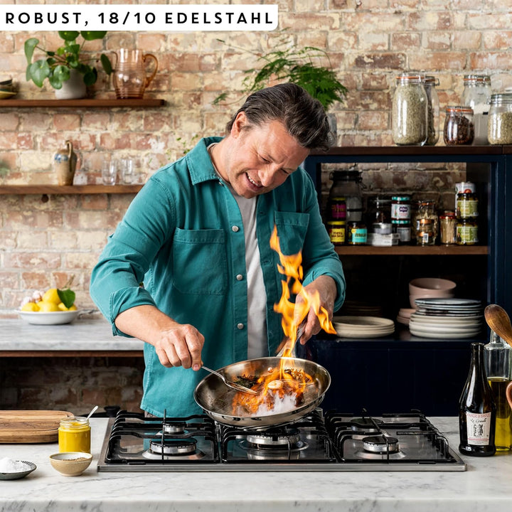 Jamie Oliver by Tefal Cook Smart Bratpfanne 28Cm, Unbeschichteter Edelstahl, Induktionsgeeignet, Thermo-Fusion Boden, Recycelbar, Genieteter Griff, Edelstahl, E3110655