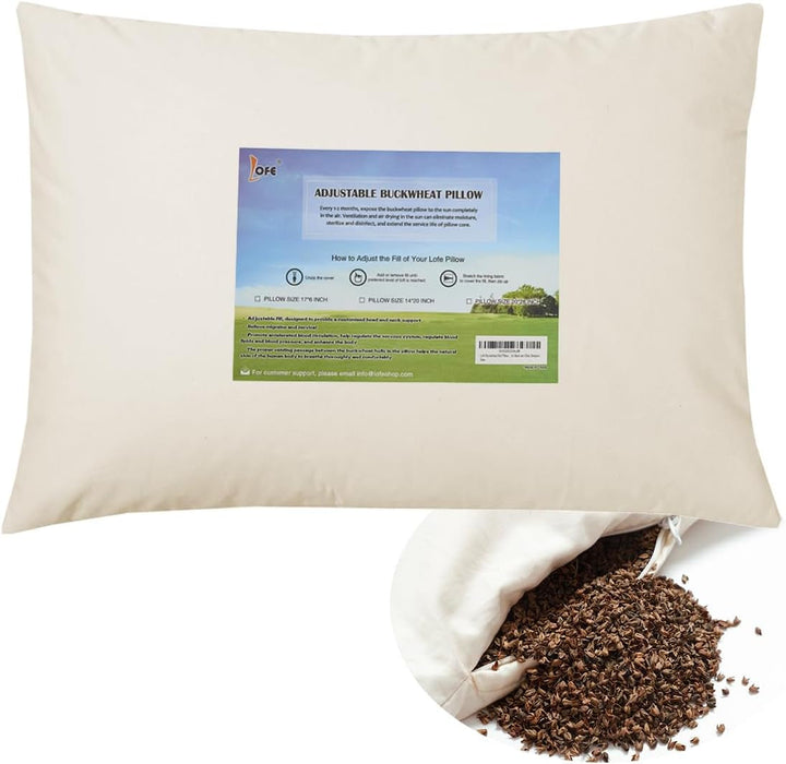 LOFE Pernă organică de hrișcă pentru dormit, 35,6 X 50,8 cm, reglabilă, respirabilă pentru un somn răcoros, suport cervical pentru cei care dorm pe spate și lateral (Tartary Buckwheat Hulls)
