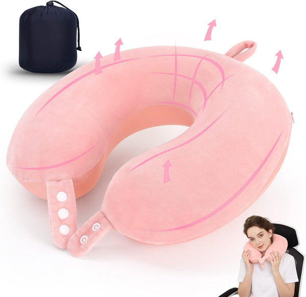 TALLGO Travel Neck Pillow, cea mai bună pernă de avion din spumă de memorie pentru tetieră, pernă moale reglabilă pentru avion, mașină și casă, roz