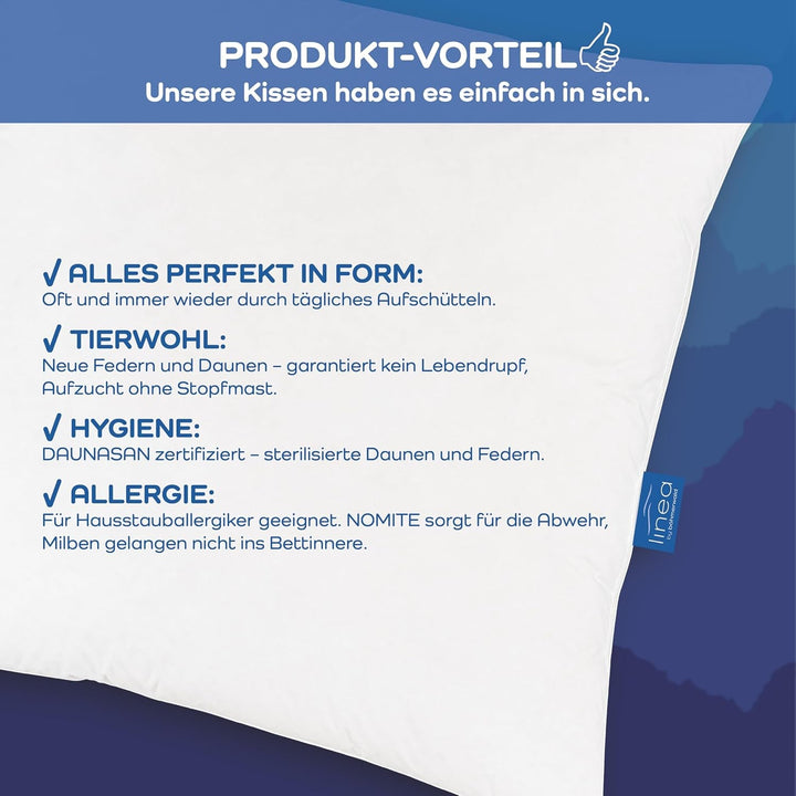 LINEA by Böhmerwald - Cosy - Pernă moale cu 3 camere, 80 X 80, Interior:100% pene, Camere exterioare:90% puf/10% pene, Potrivit pentru alergici, Lavabil până la 60°C, Produs în Germania