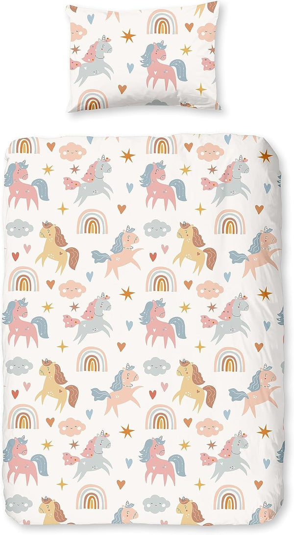 Aminata Kids Kinderbettwäsche 100X135 Mädchen Einhorn Rosa Baumwolle Mit YKK Reißverschluss Kinder-Wende-Bettwäsche-Set Tier-Motiv Einhörner Pferde-Motiv Mit Regenbogen Unicorn