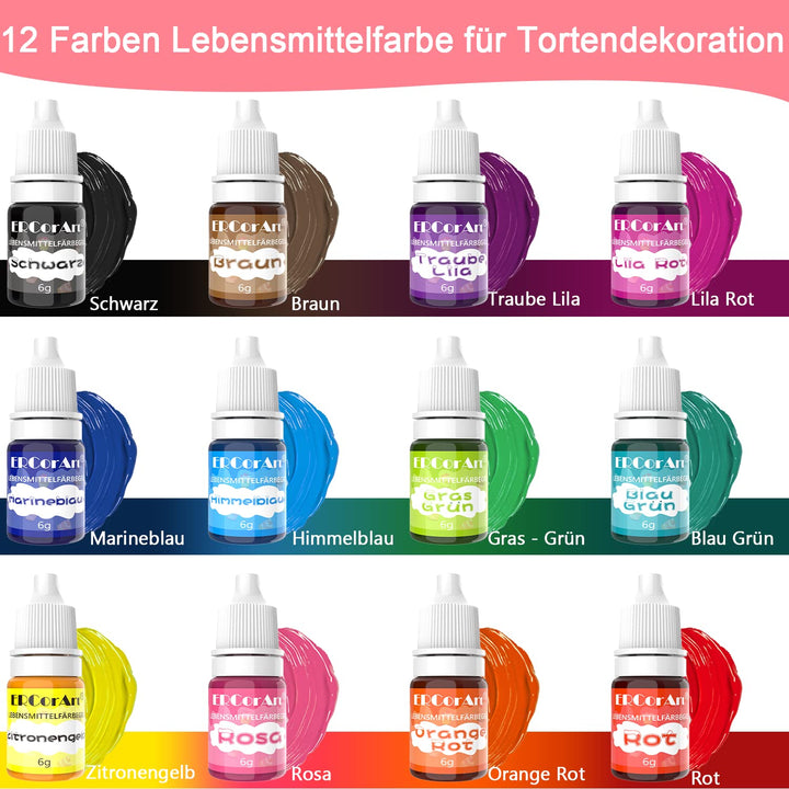Lebensmittelfarbe Gel -12 Farben Flüssige Konzentrierte Lebensmittel Farben Set Für Kuchen Backen,Macaron, Fondant,Kekse - Food Coloring Für Kuchendekoration, DIY Seifen,Airbrush Einfärben - 6 Ml Je