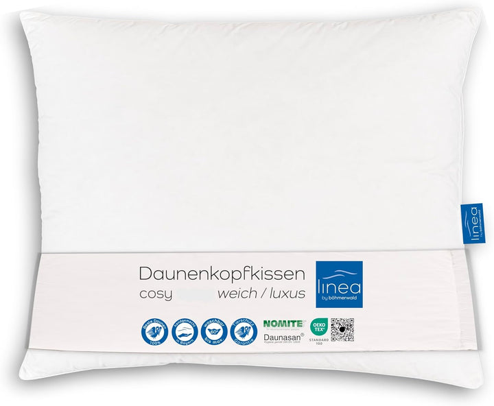 LINEA by Böhmerwald - Cosy - Pernă moale cu 3 camere, 80 X 80, Interior:100% pene, Camere exterioare:90% puf/10% pene, Potrivit pentru alergici, Lavabil până la 60°C, Produs în Germania