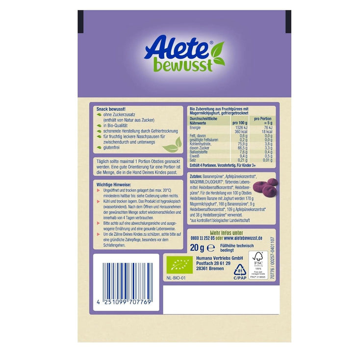 Alete Bewusst Obsties, Afine si Banana cu Iaurt, De la 3 ani, chipsuri de fructe organice liofilizate, 20 grame