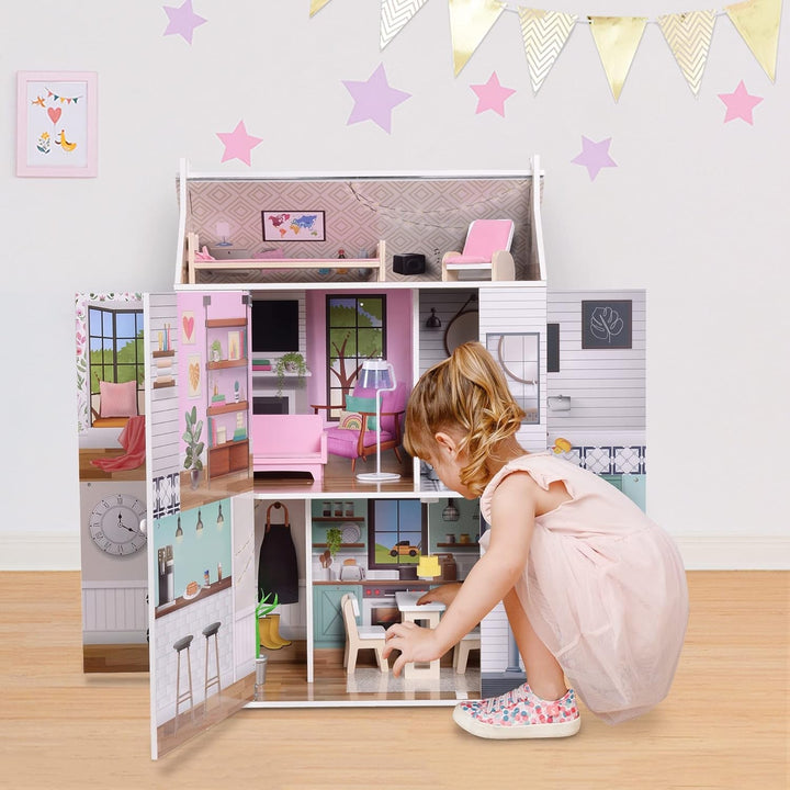 Olivia'S Little World Dreamland Farmhouse Kids Interactive Wooden Dollhouse 3 etaje cu 13 accesorii de mobilier pentru păpuși alb TD-13632A