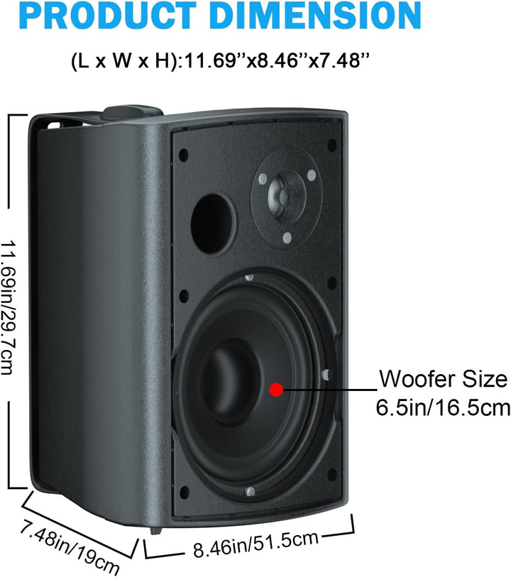STUDIOFINIX 6,5 Zoll 800 Watt Wasserdicht Außenlautsprecher Outdoor-Lautsprecher Wandmontage-Lautsprecher Für Haus Terrasse Veranda Garten Überdachte Terrasse (2 Paar, Schwarz)